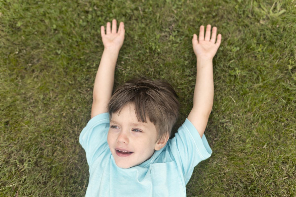 top view boy grass